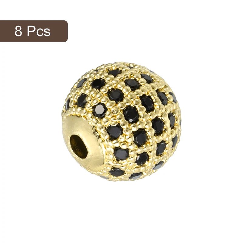 Charm Rhinestone Beads, 8Pcs - 10mm Round Zircon Pave Beads (Black - Gold)