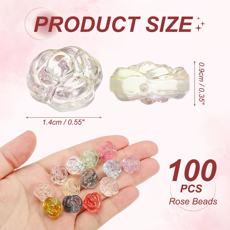 100 Pcs Rose Beads, 0.55" Glass Flower Rose Charm, Purple