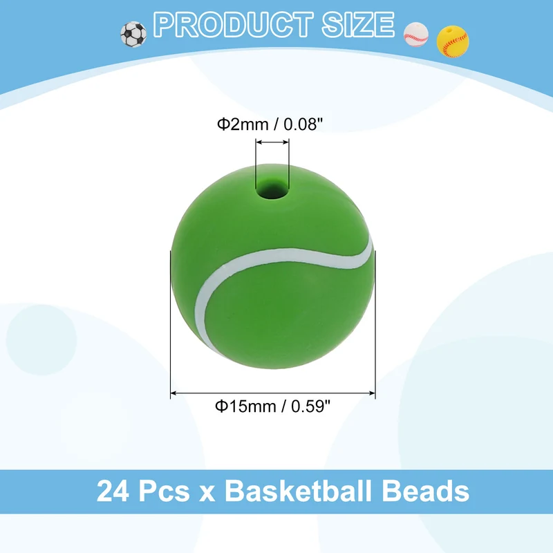 Sports Ball Beads, 24Pcs 15mm Silicone Round Spacer Focal Bead (Tennis)