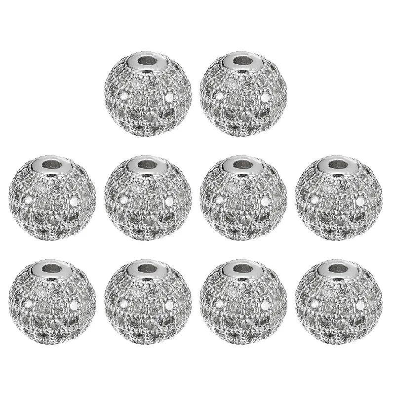 Charm Rhinestone Beads, 10Pcs - 8mm Zircon Pave Spherical Spacer Beads for Bracelet Jewelry Making (Platinum+White)