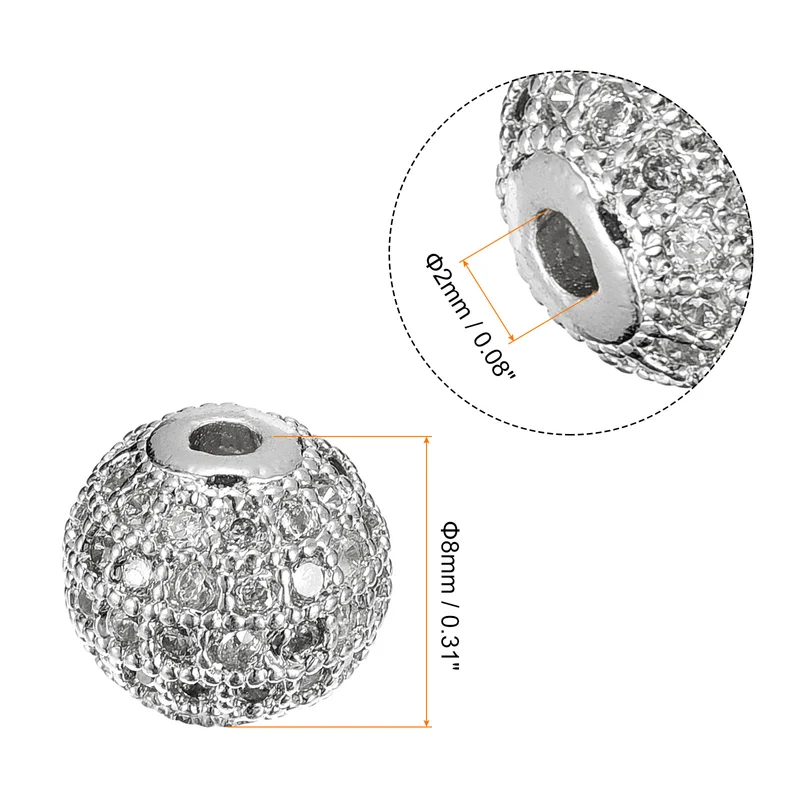 Charm Rhinestone Beads, 10Pcs - 8mm Zircon Pave Spherical Spacer Beads for Bracelet Jewelry Making (Platinum+White)