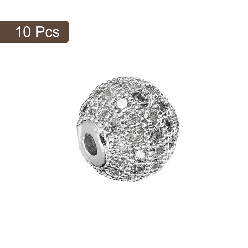 Charm Rhinestone Beads, 10Pcs - 8mm Zircon Pave Spherical Spacer Beads for Bracelet Jewelry Making (Platinum+White)