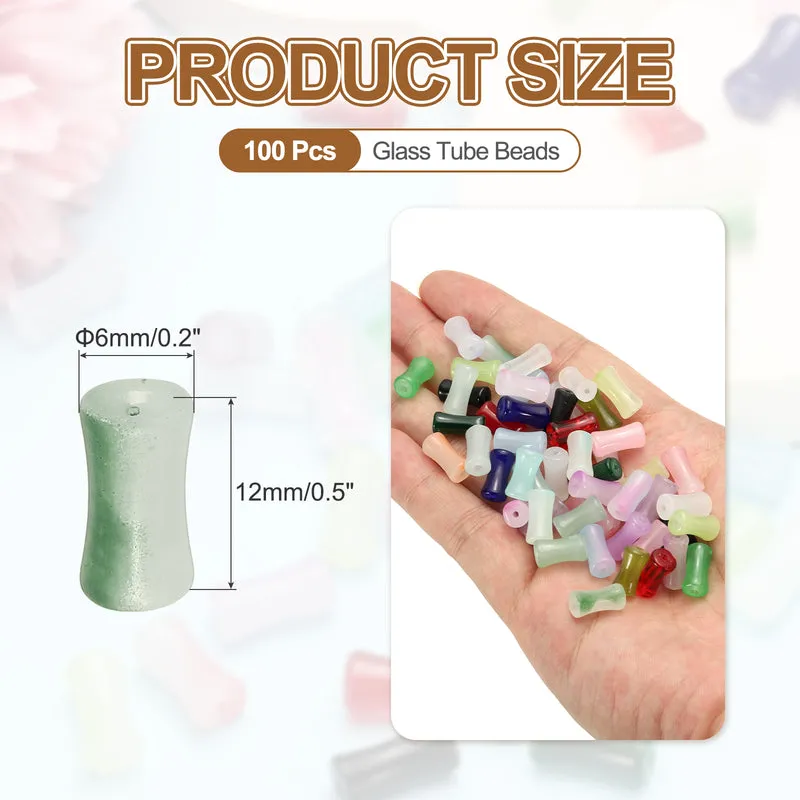 100 Pcs Glass Tube Beads, 6x12mm Bamboo Stick Tube Beads, Gradient Green