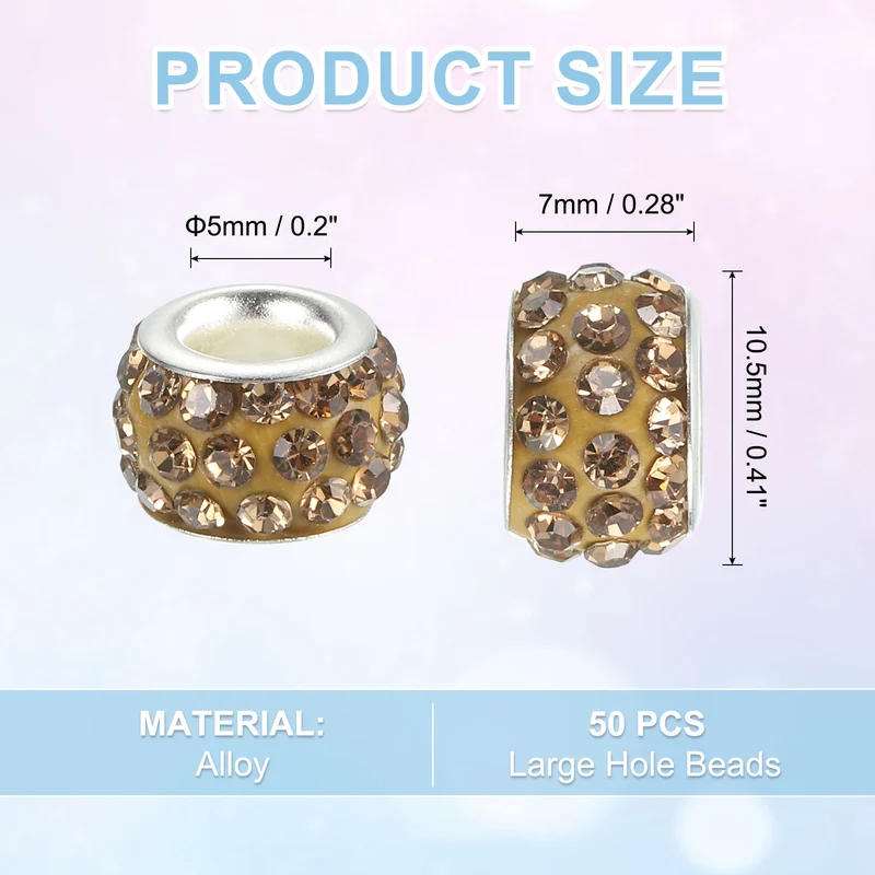50Pcs European Large Hole Beads, Rhinestone Craft Beads, Crystal Yellow