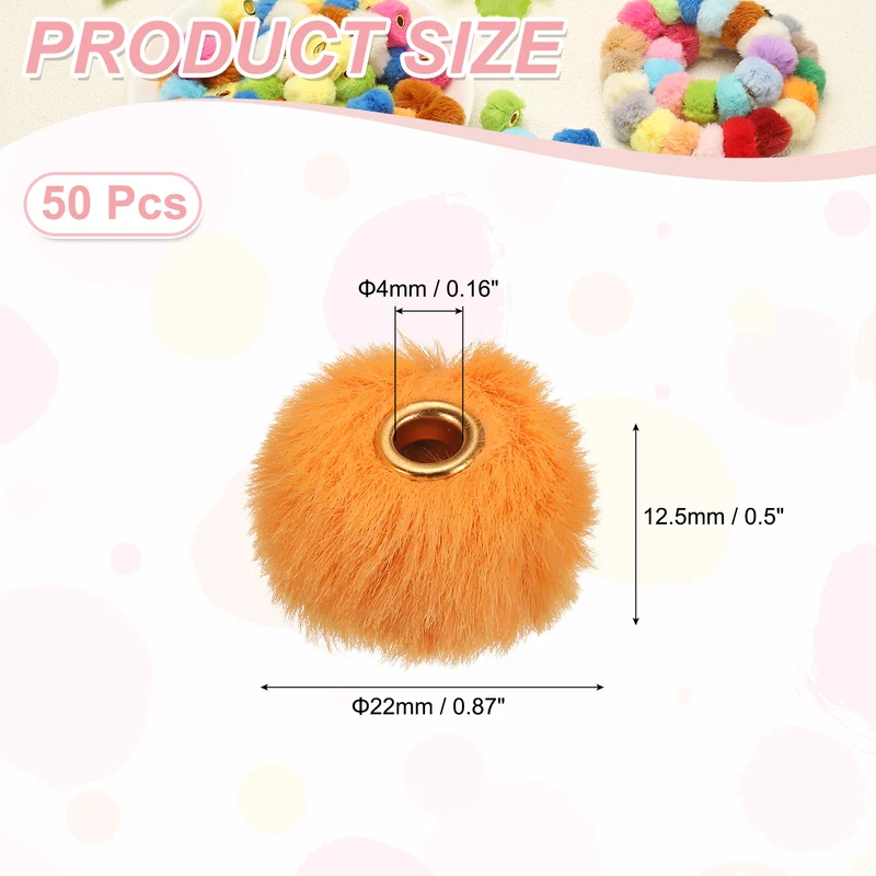 50Pcs Pom Pom Beads, Faux Fur Fuzzy Spacers Bead with 4mm Hole, Light Orange