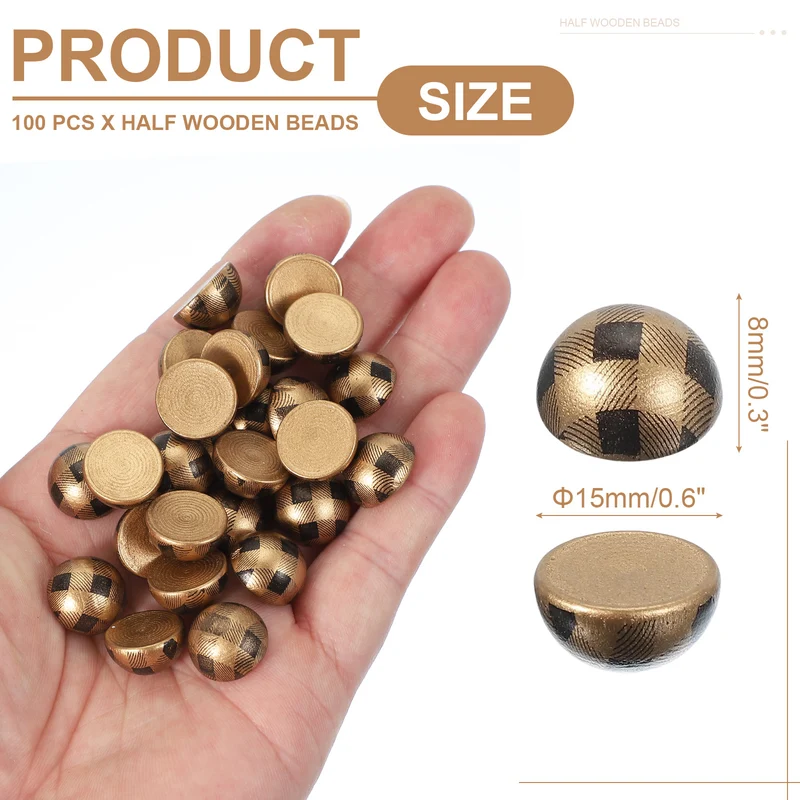 100 Pcs Half Wooden Beads, 0.6 Inch(15mm) Unfinished Wood Balls, Gold/Black