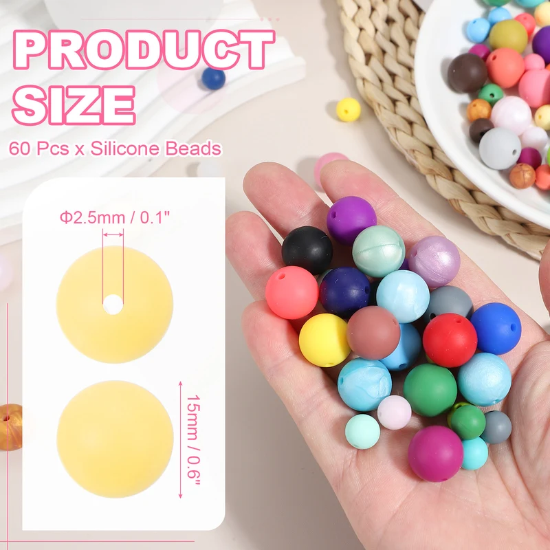 60 Pcs Silicone Beads, 15mm Bulk Beads for Keychain Making, Light Yellow