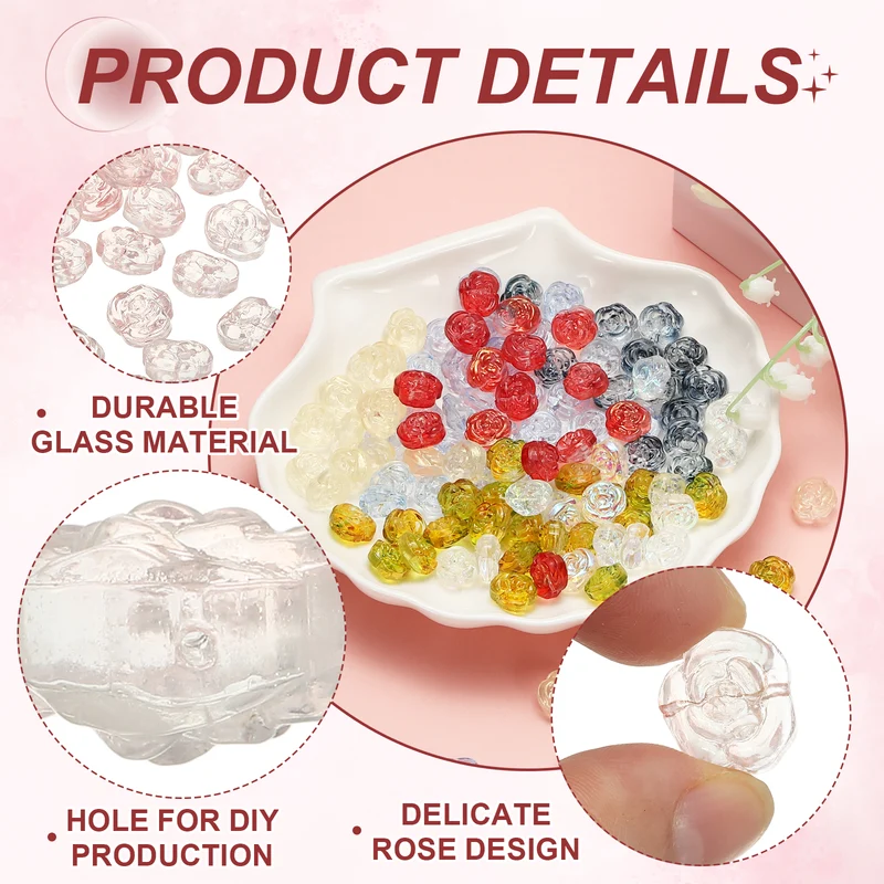 50Pcs Rose Beads 0.55" Glass Flower Rose Charm Dark Pink]