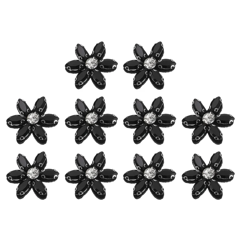 10Pcs Handmade Flower Beaded Patches, Glass Crystal Appliques, Black/Clear