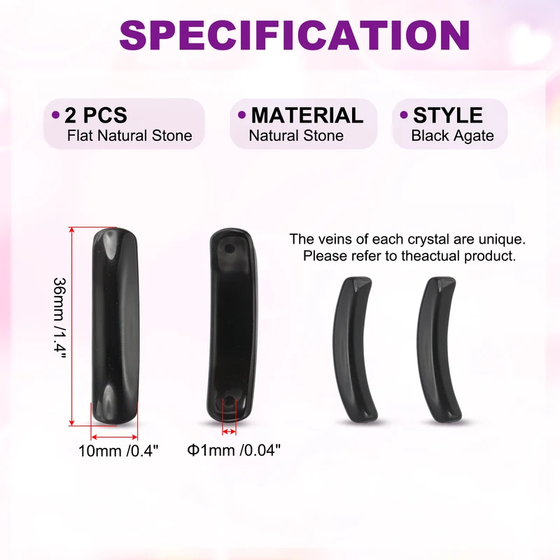 2 Pcs Natural Stone, 36 x 10 mm Natural Curved Clear Quartz Stone Crystal Handmade Jade Flat Beads for DIY Crafting, Black Agate