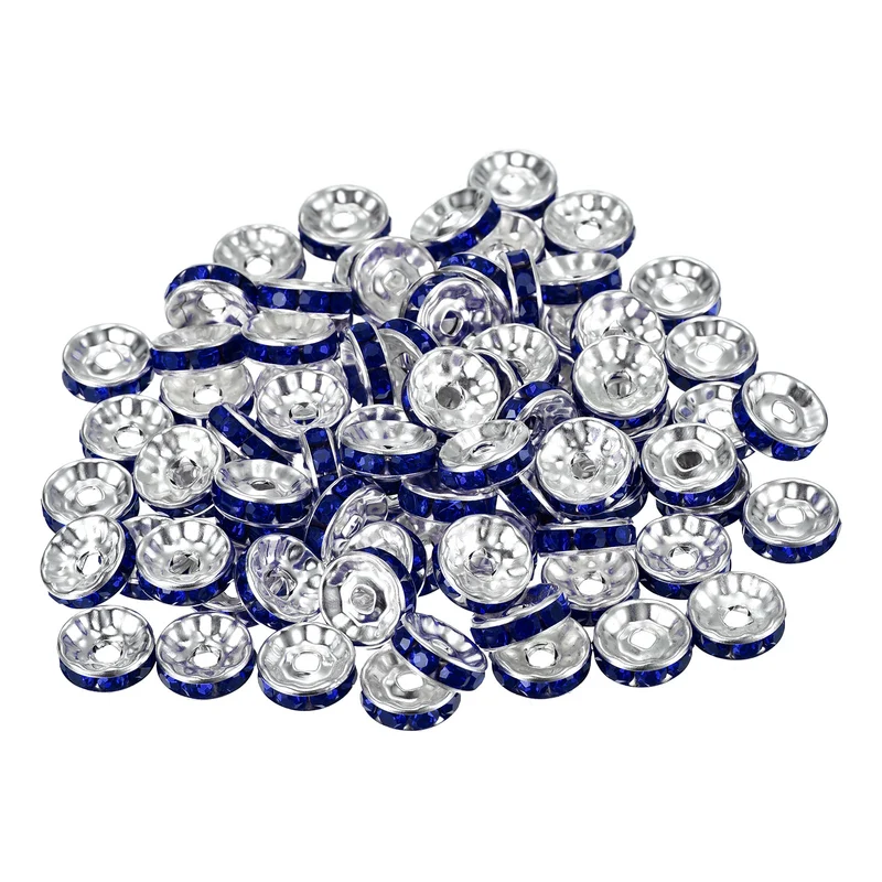 80Pcs 10mm Silver Plated Rhinestone Rondelle Spacer Beads, Sapphire Blue