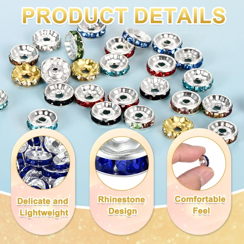 80Pcs 10mm Silver Plated Rhinestone Rondelle Spacer Beads, Sapphire Blue