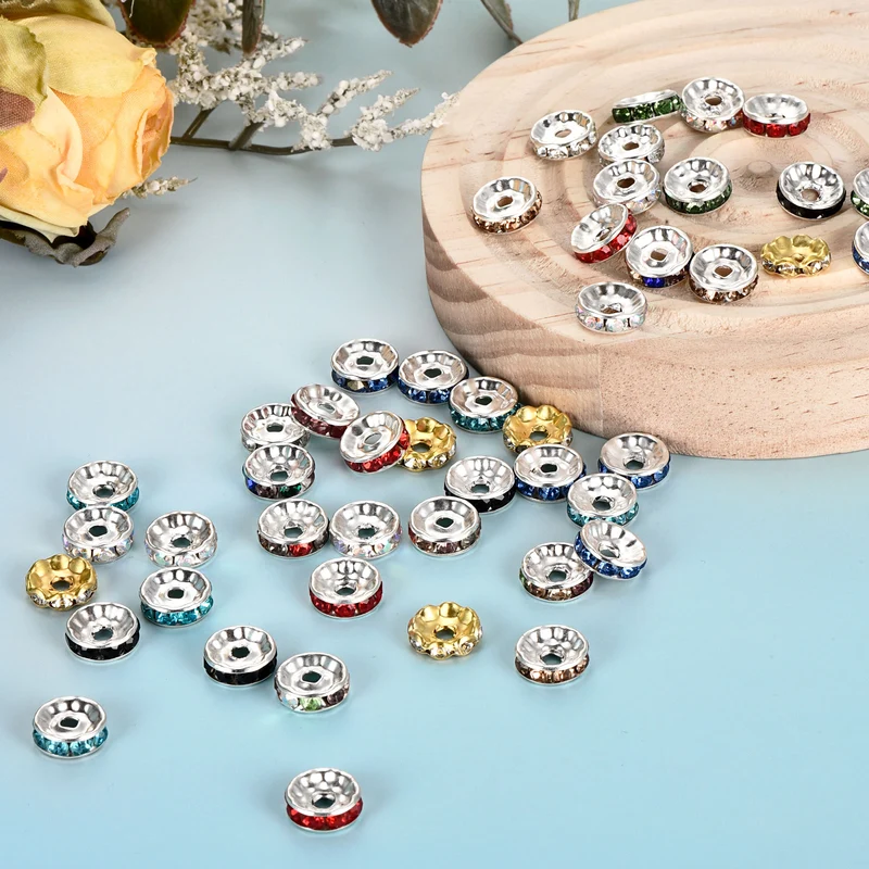 80Pcs 10mm Silver Plated Rhinestone Rondelle Spacer Beads, Sapphire Blue