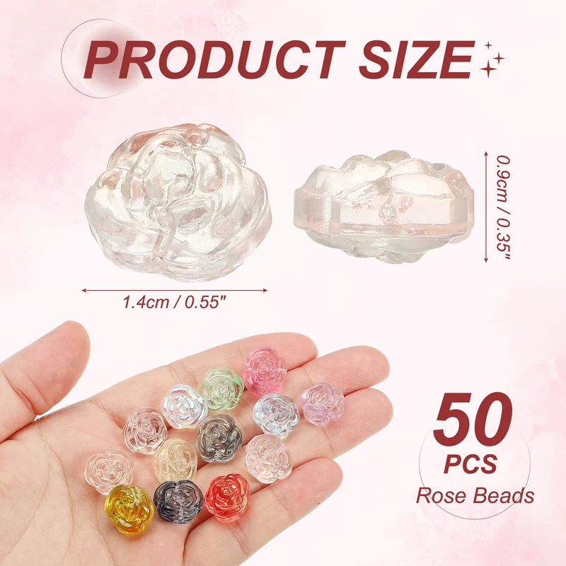 50Pcs Rose Beads 0.55" Glass Flower Rose Charm Pink]