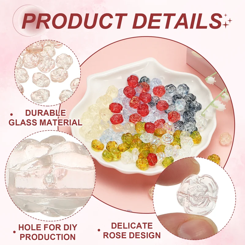 50Pcs Rose Beads 0.55" Glass Flower Rose Charm Pink]