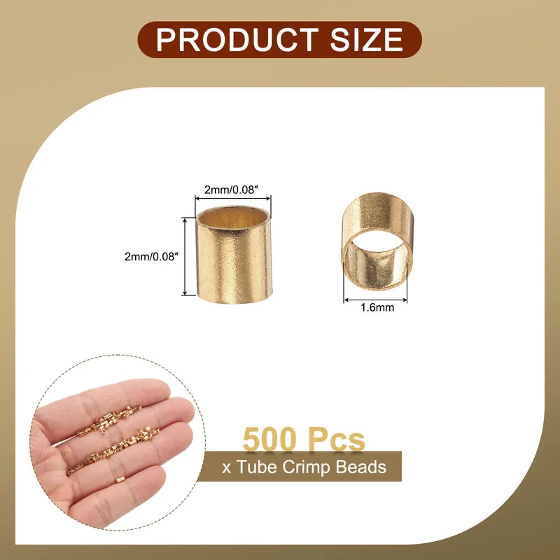 500 Pcs Tube Crimp Beads, 2x2mm Crimp Beads for Jewelry Making, Light Gold
