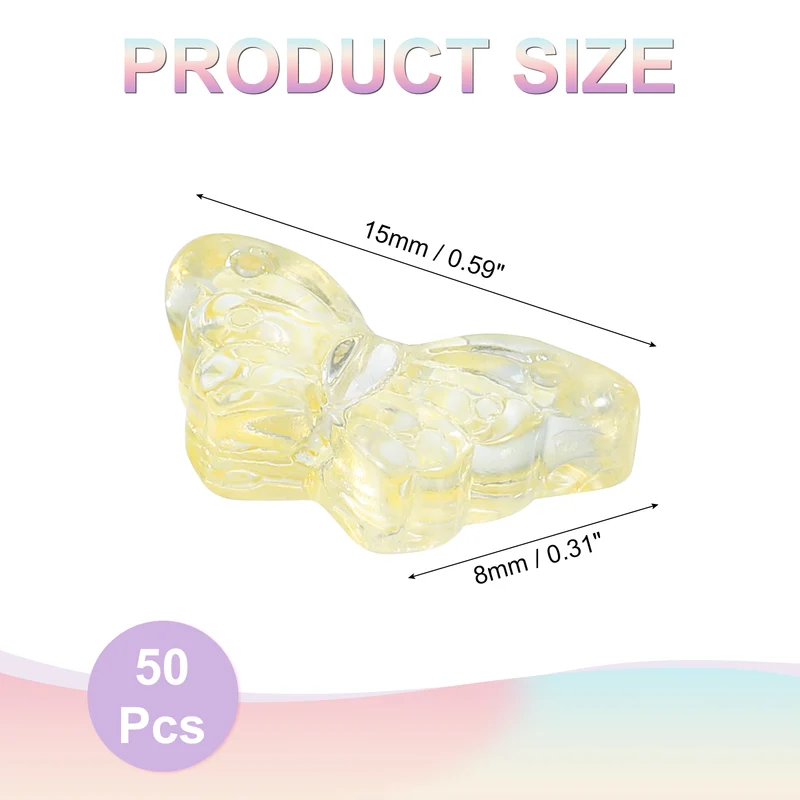 50Pcs Crystal Butterfly Beads, 8x15mm Transparent Loose Bead, Yellow