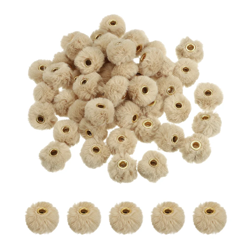 50Pcs Pom Pom Beads, Faux Fur Fuzzy Spacers Bead with 4mm Hole, Khaki