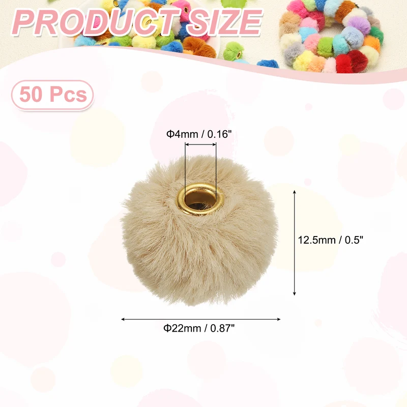 50Pcs Pom Pom Beads, Faux Fur Fuzzy Spacers Bead with 4mm Hole, Khaki