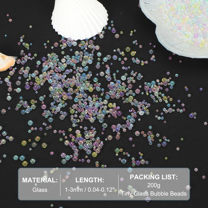 200g 1-3mm Glass Bubble Beads Iridescent No Hole Water Droplet Ball Light Colors
