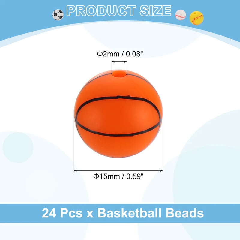 24Pcs Sports Ball Beads 15mm Silicone Round Spacer Focal Bead Basketball