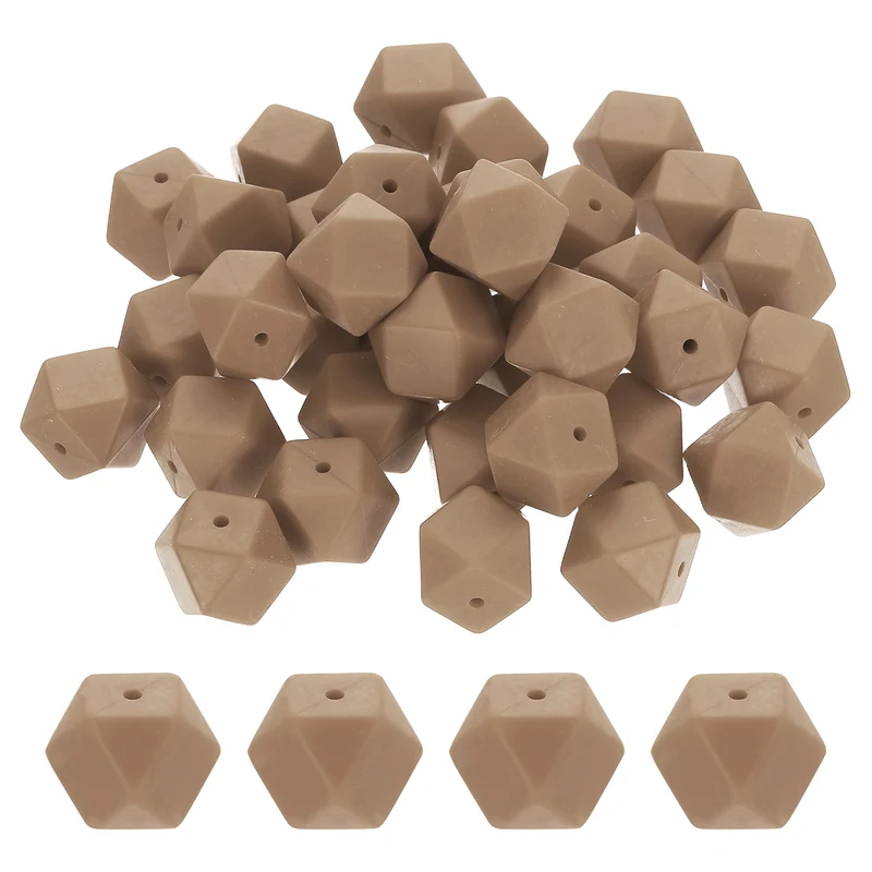 50 Pcs Silicone Beads, 17mm Loose Hexagon Rubber Focal Beads, Light Brown