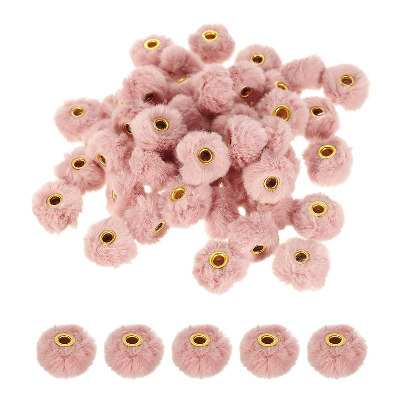 50Pcs Pom Pom Beads, Faux Fur Fuzzy Spacers Bead with 4mm Hole, Gray Pink