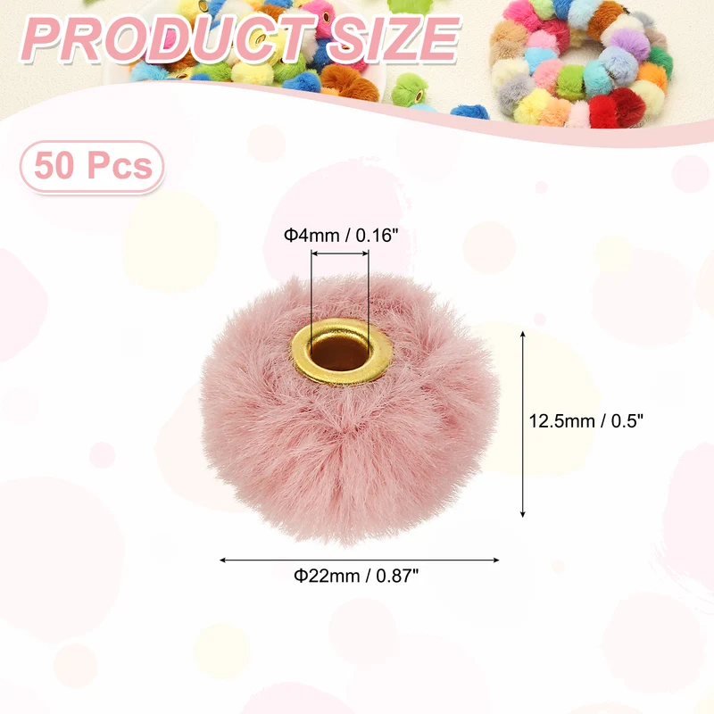 50Pcs Pom Pom Beads, Faux Fur Fuzzy Spacers Bead with 4mm Hole, Gray Pink
