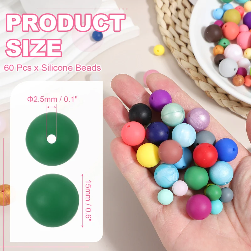 60 Pcs Silicone Beads, 15mm Bulk Beads for Keychain Making, Green