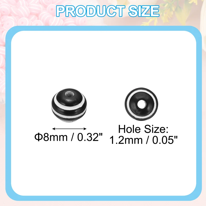 8mm Round Acrylic Rainbow Strip Beads for Jewelry, 100 Pcs, Black and White