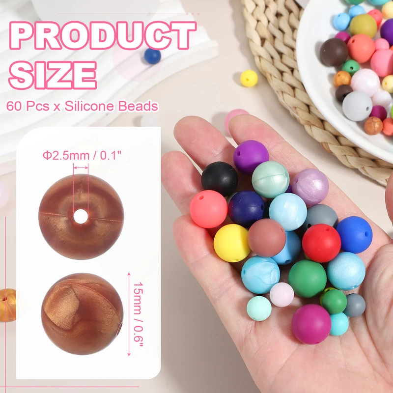 60 Pcs Silicone Beads, 15mm Bulk Beads for Keychain Making, Bronze