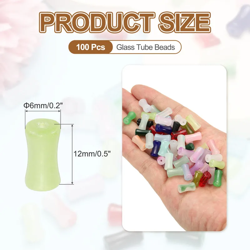 100 Pcs Glass Tube Beads, 6x12mm Bamboo Stick Tube Beads, Grass Green