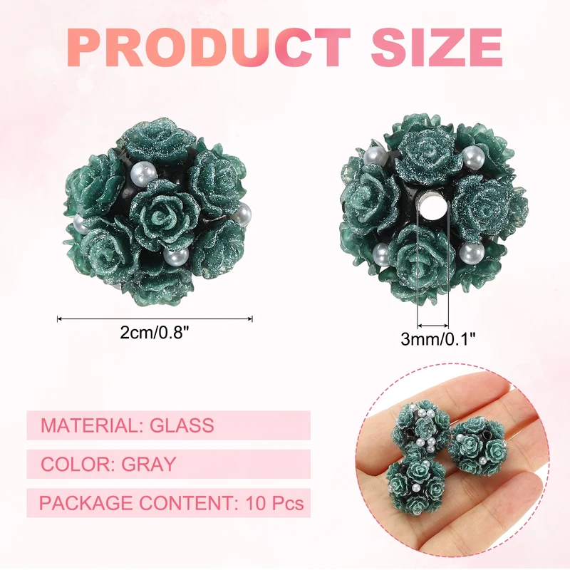 10 Pcs Rhinestone Focal Beads for Pens, 0.8" Glass Flower Beads, Gray