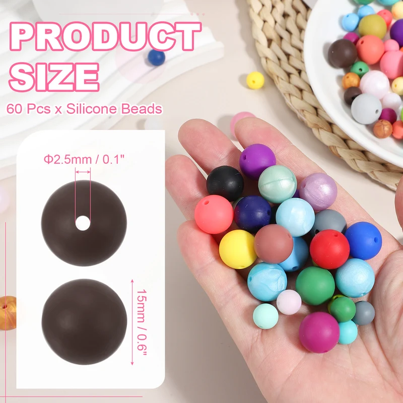 60 Pcs Silicone Beads, 15mm Bulk Beads for Keychain Making, Brown