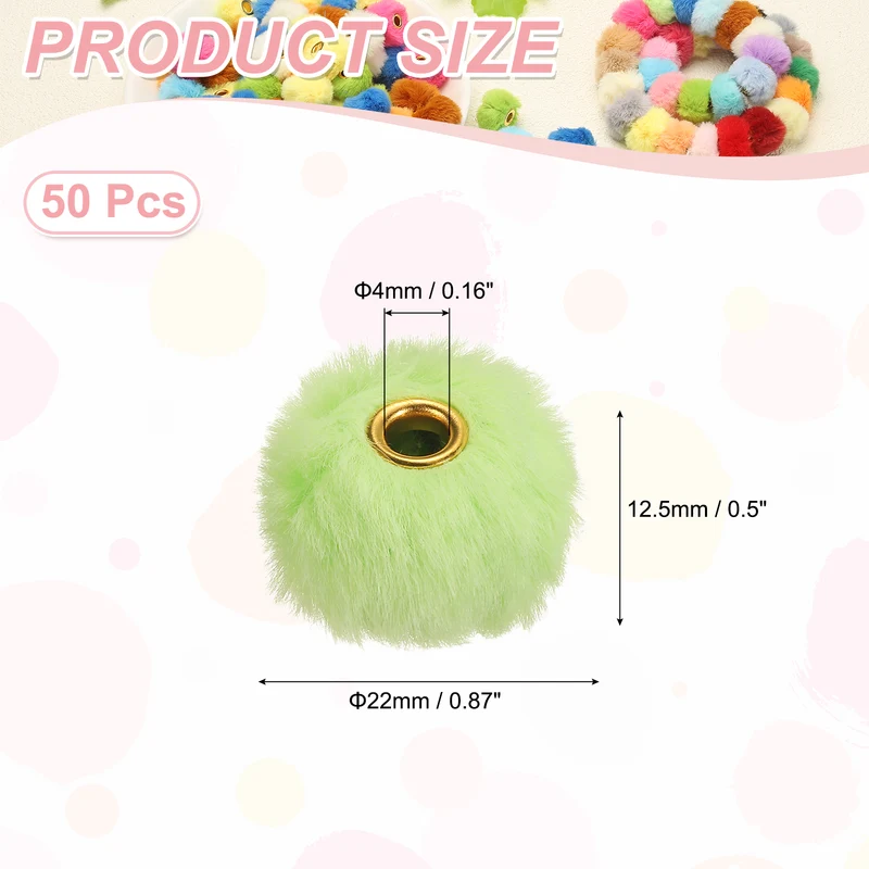 50Pcs Pom Pom Beads, Faux Fur Fuzzy Spacers Bead with 4mm Hole, Green