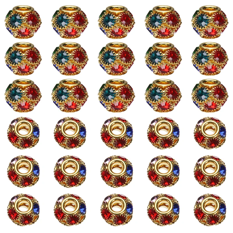 30Pcs Rhinestone Large Hole Beads, 12mm Crystal Charm Spacer Beads, Golden Color