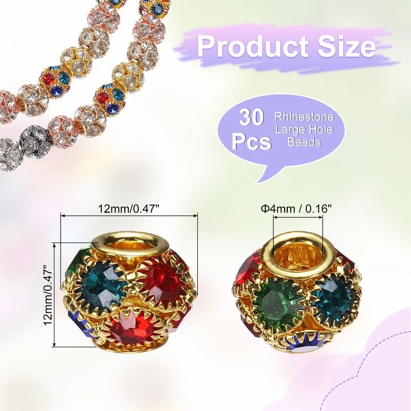 30Pcs Rhinestone Large Hole Beads, 12mm Crystal Charm Spacer Beads, Golden Color