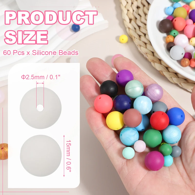 60 Pcs Silicone Beads, 15mm Bulk Beads for Keychain Making, White