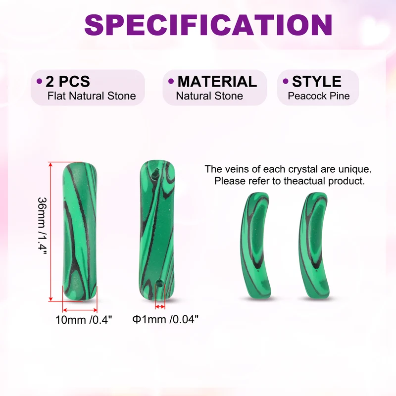 2 Pcs Natural Stone, 36 x 10 mm Natural Curved Clear Quartz Stone Crystal Handmade Jade Flat Beads for DIY Crafting, Peacock Pine