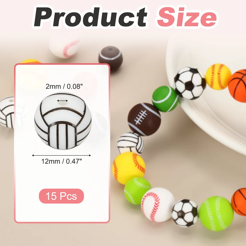 15 Pcs Silicone Sports Beads, 12mm Ball Shaped Beads, Volleyball