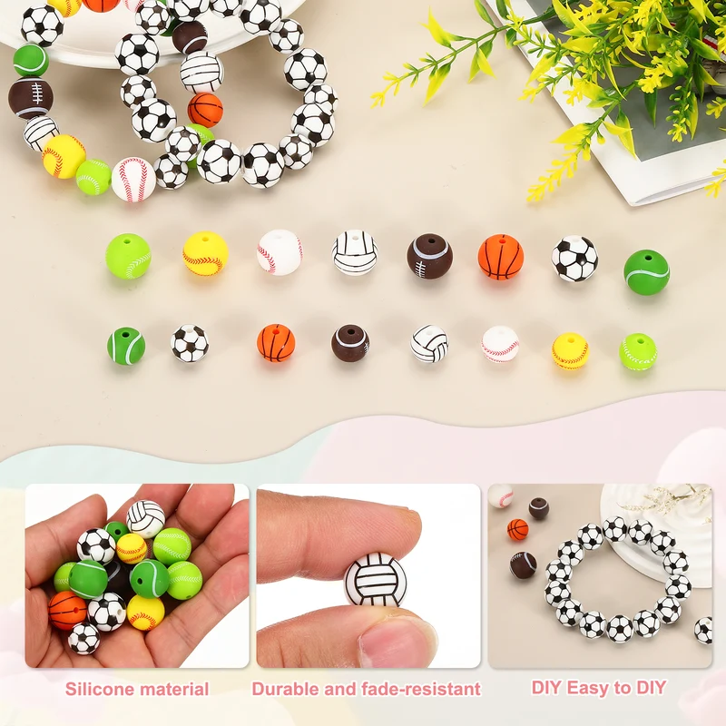 15 Pcs Silicone Sports Beads, 12mm Ball Shaped Beads, Volleyball