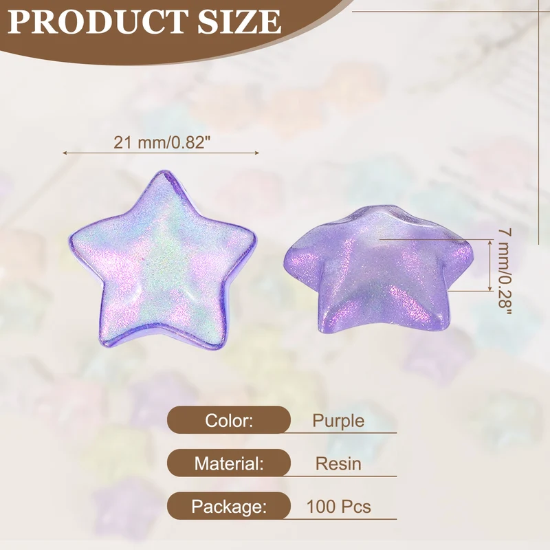 100 Pcs Flat Back Resin Star Beads, Glitter Star Charm, Purple