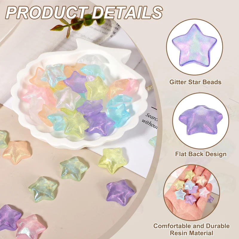 100 Pcs Flat Back Resin Star Beads, Glitter Star Charm, Purple