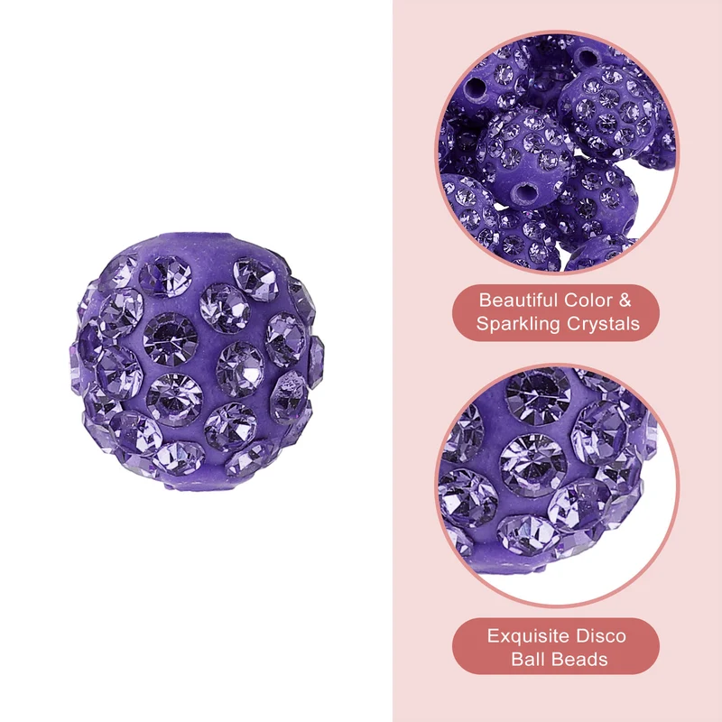 100Pcs 10mm Rhinestone Clay Beads Polymer Clay Crystal Bead Lotus Purple