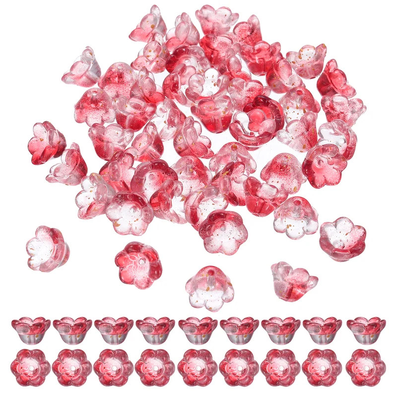 100Pcs Glass Flower Beads for Jewelry Making Loose Bead Charm Translucent Pink