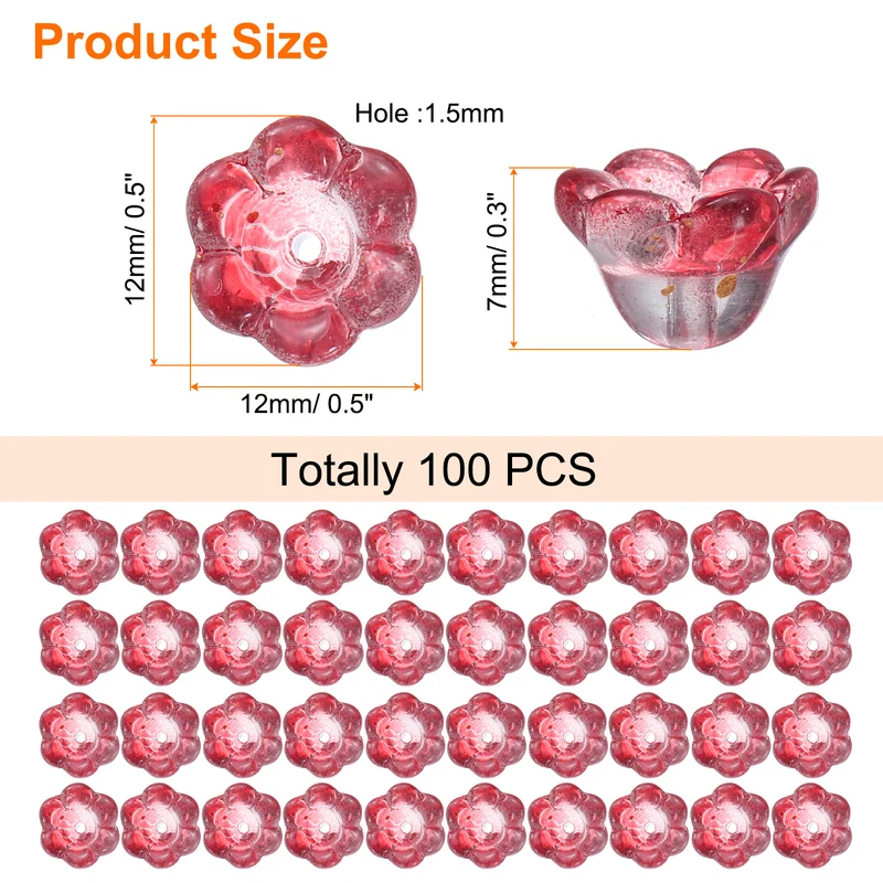 100Pcs Glass Flower Beads for Jewelry Making Loose Bead Charm Translucent Pink