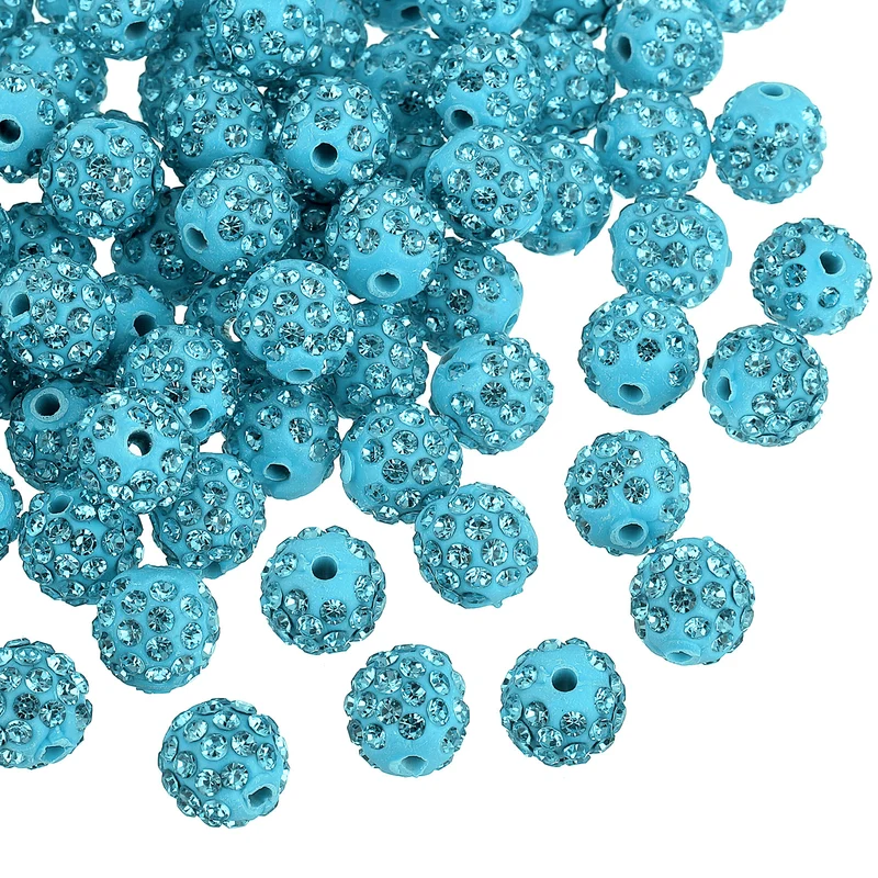 100Pcs 10mm Rhinestone Clay Beads, Polymer Clay Crystal Bead (Lake Blue)