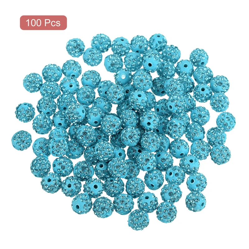 100Pcs 10mm Rhinestone Clay Beads, Polymer Clay Crystal Bead (Lake Blue)