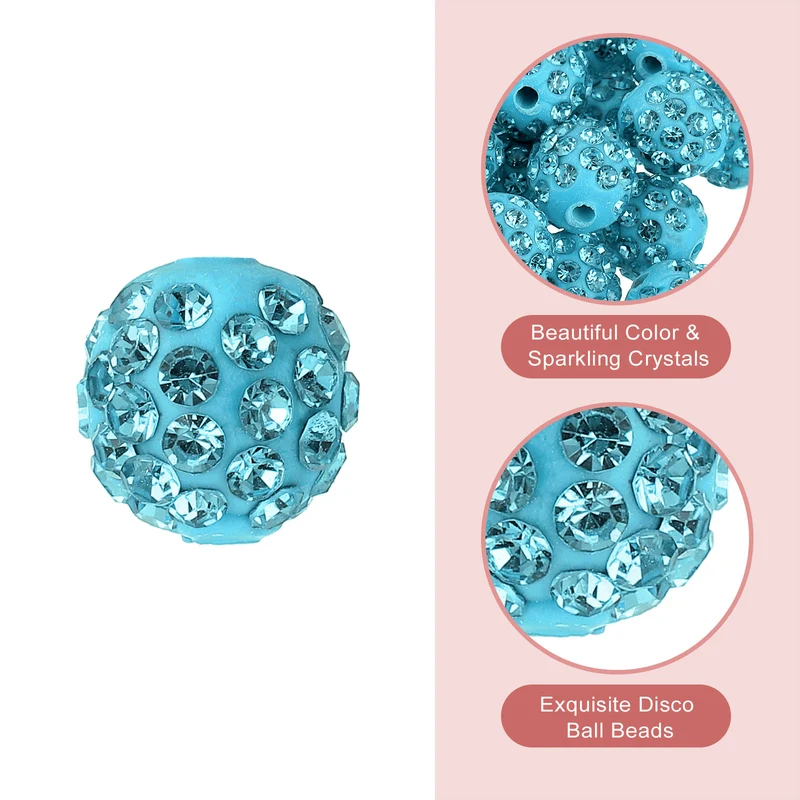 100Pcs 10mm Rhinestone Clay Beads, Polymer Clay Crystal Bead (Lake Blue)
