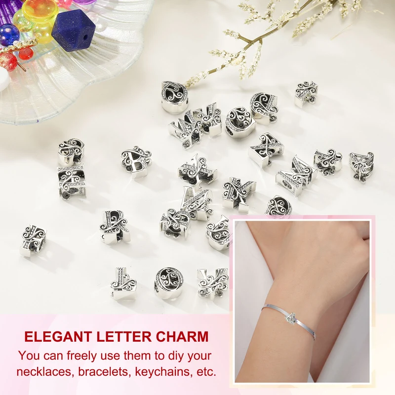 925 Sterling Silver Letter Charm, Alphabet S Letters Bead Charm, Silver Tone